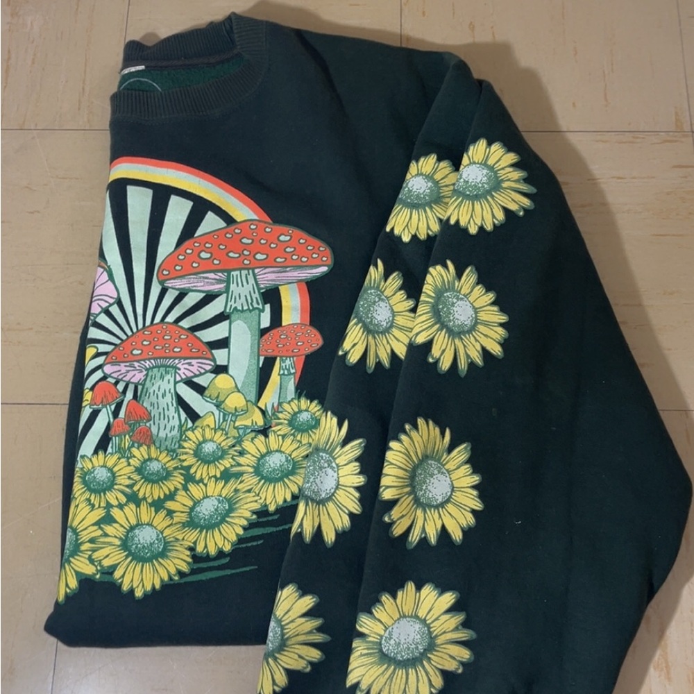 Dark Green Sweatshirt with Mushroom and Flower Design